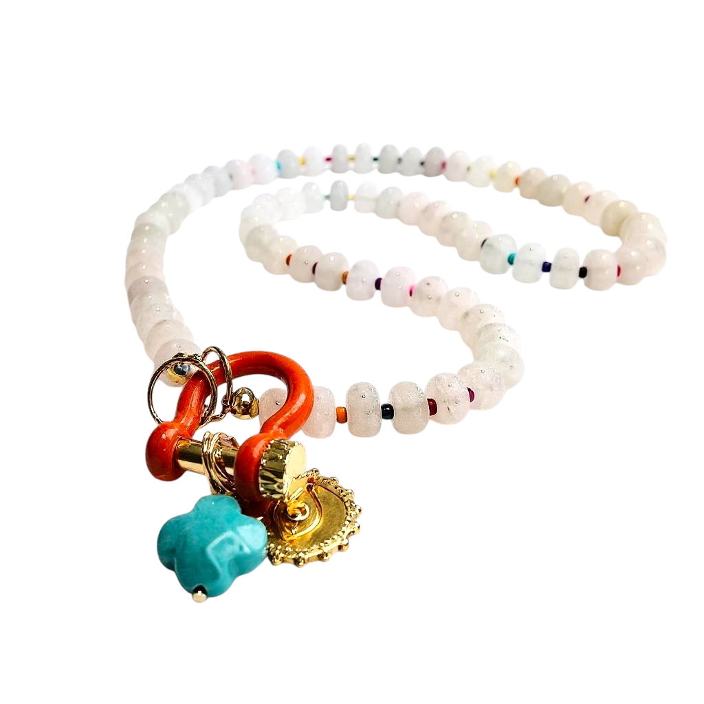 Gemstone Beaded Necklace w/ Charms in Cloudy