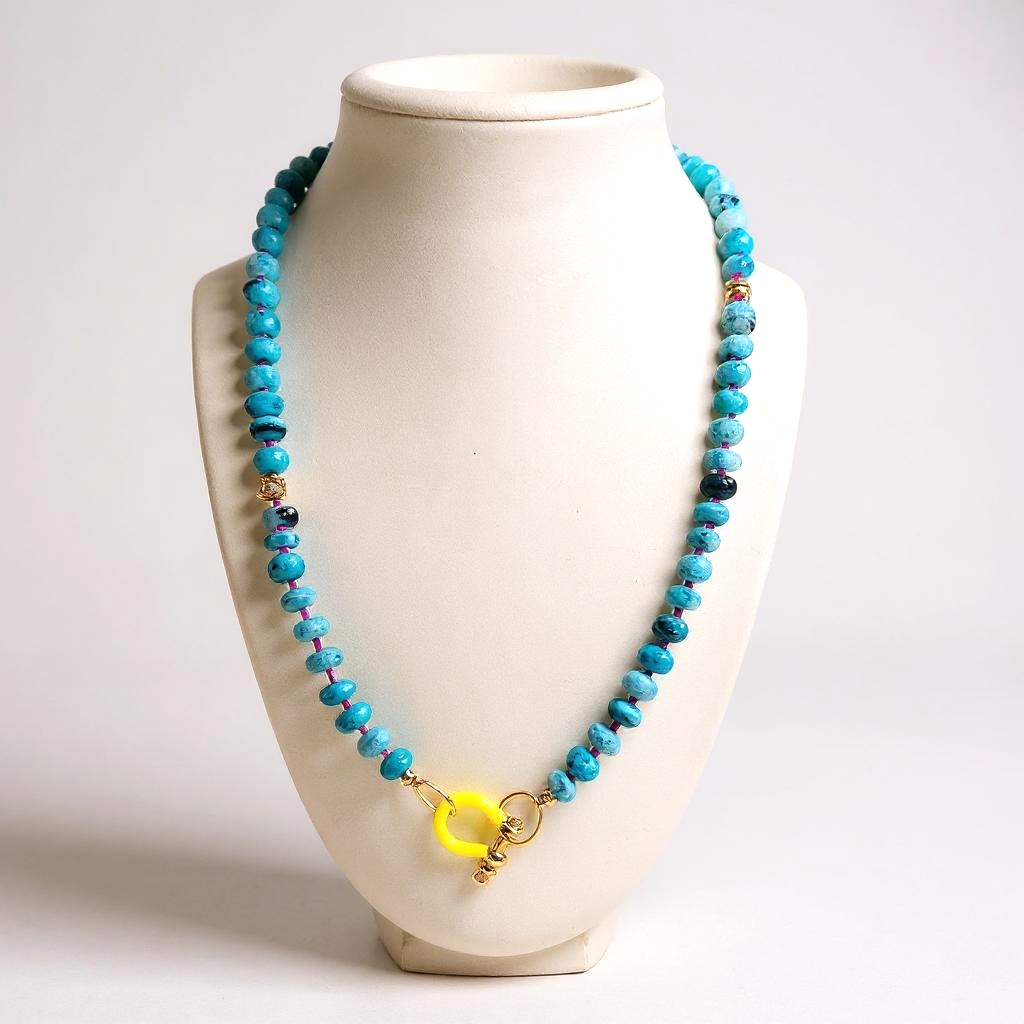 Gemstone Beaded Necklace in Neon Teal Tie-Dye
