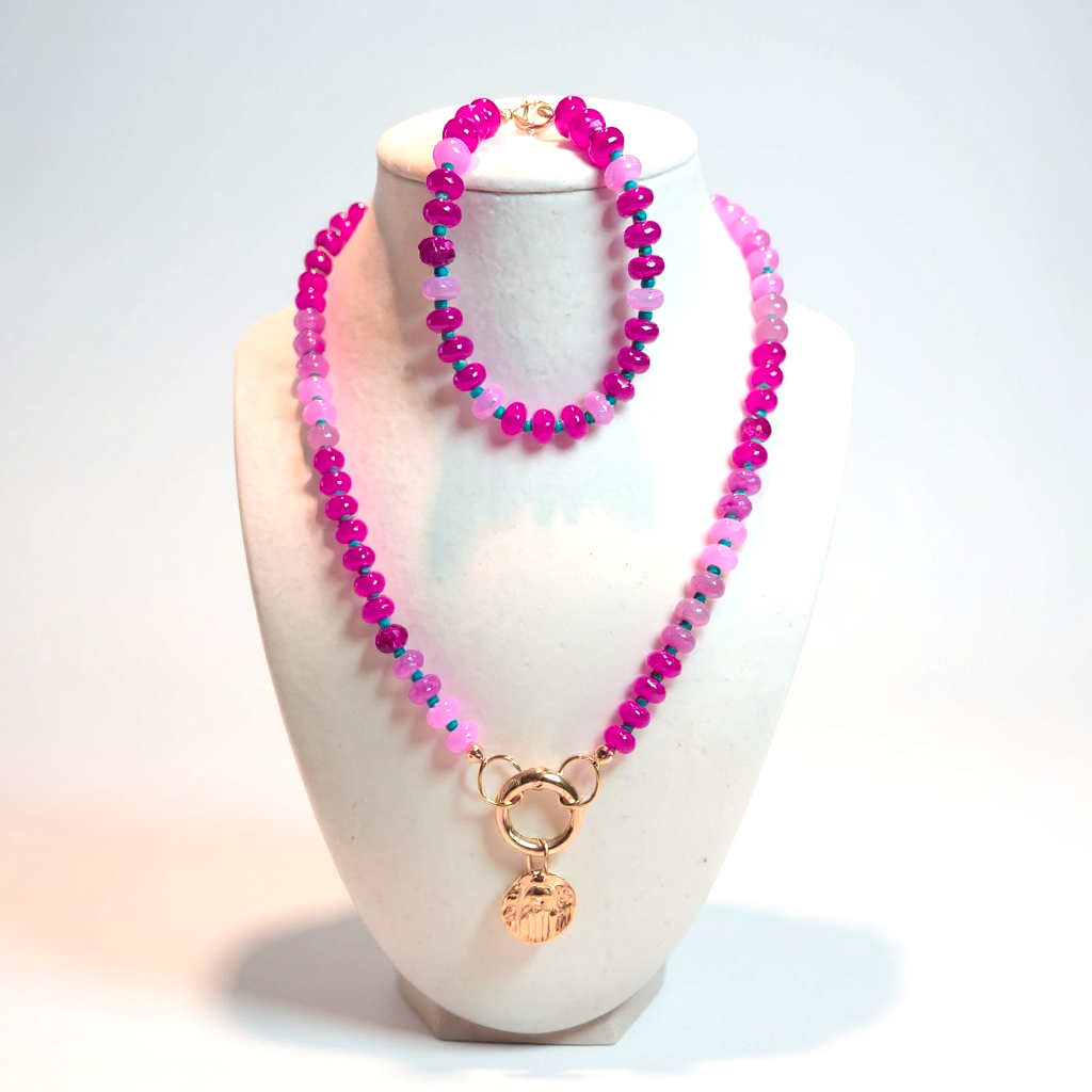Gemstone Beaded Love Birds in Fuscia