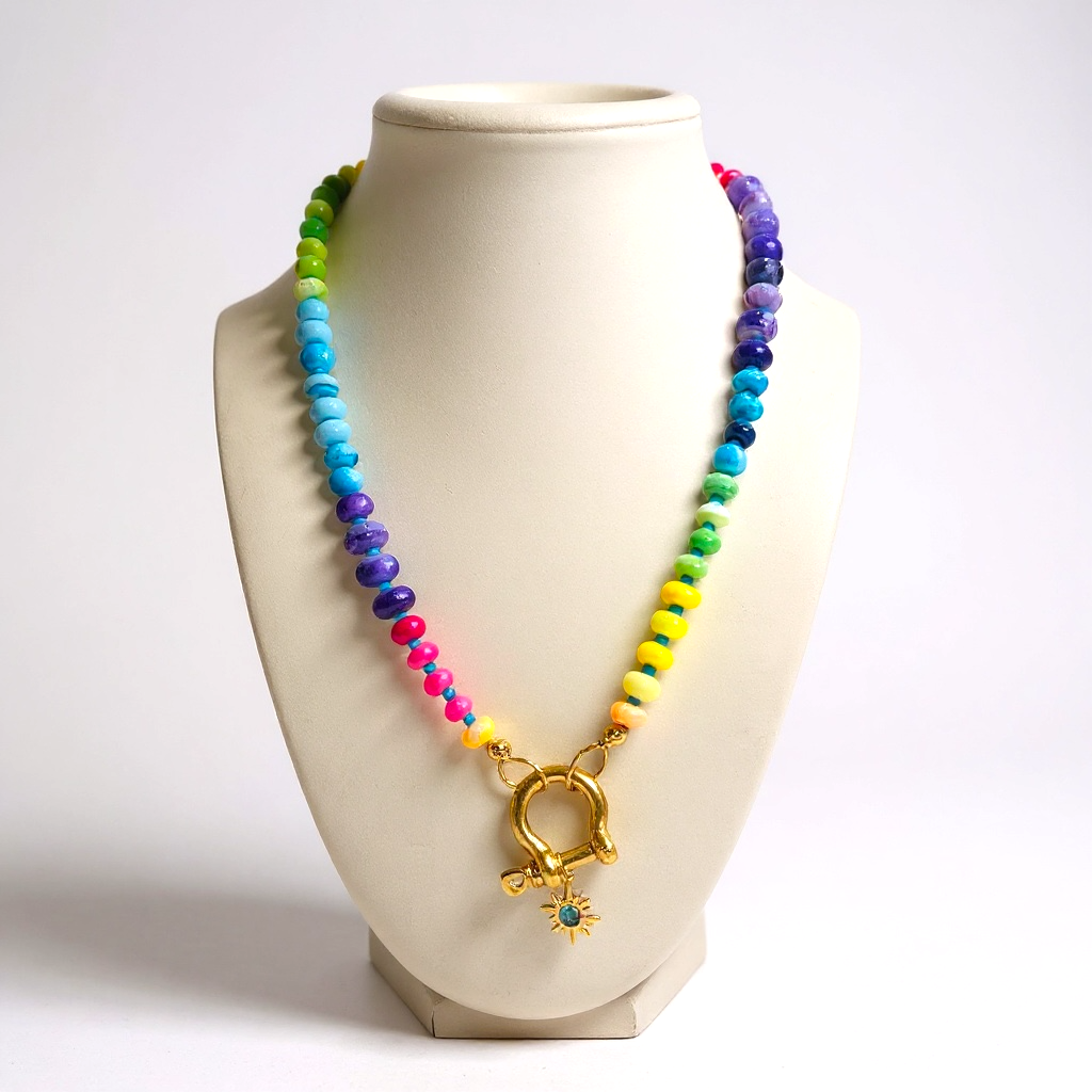 Gemstone Beaded Necklace in Neon Rainbow Tie-Dye