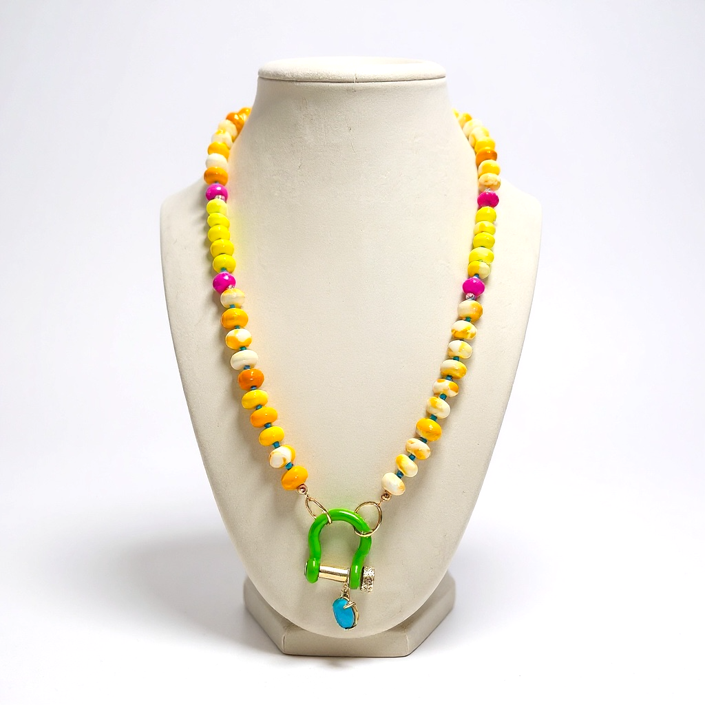 Gemstone Beaded Necklace in Neon Orange Tie-Dye