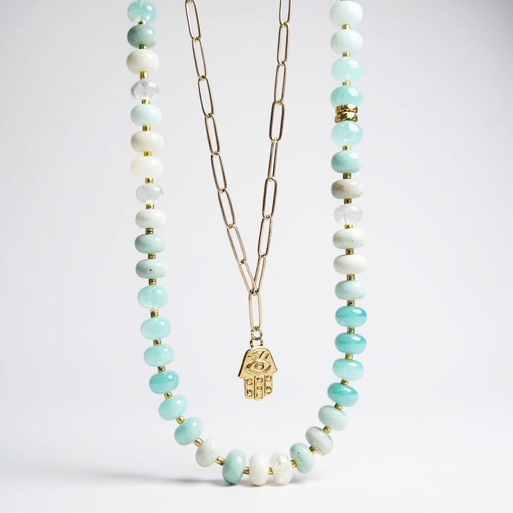 Gemstone Beaded Necklace & Paperclip Chain in Light Aqua