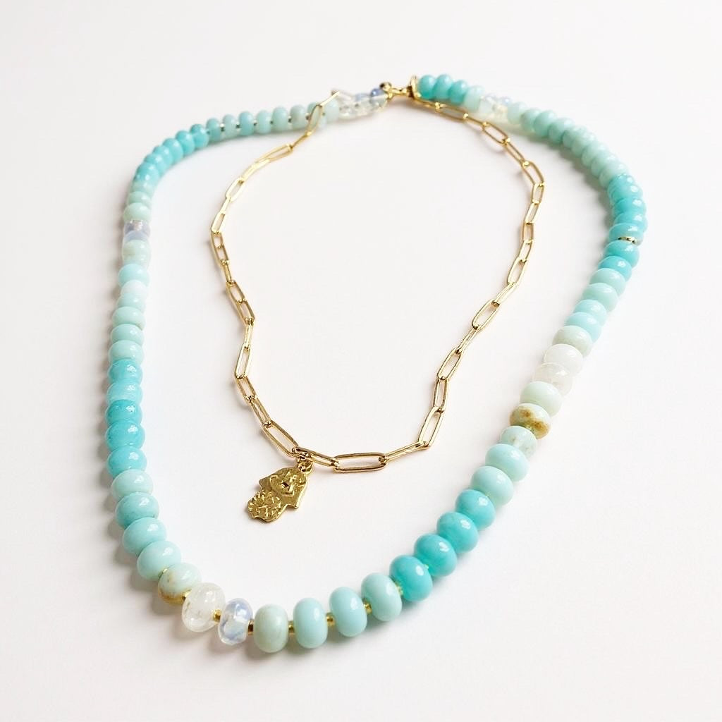 Gemstone Beaded Necklace & Paperclip Chain in Light Aqua