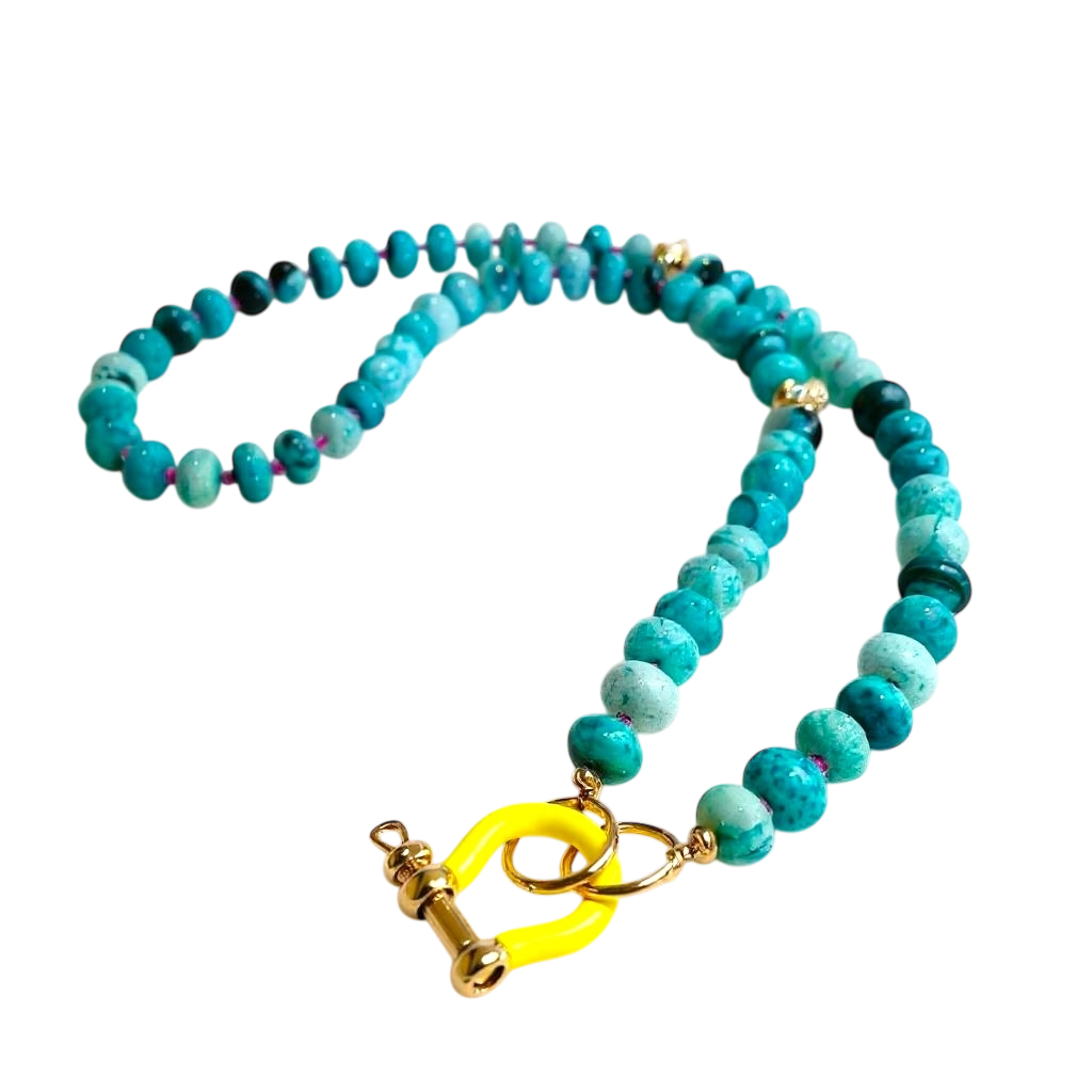 Gemstone Beaded Necklace in Neon Teal Tie-Dye