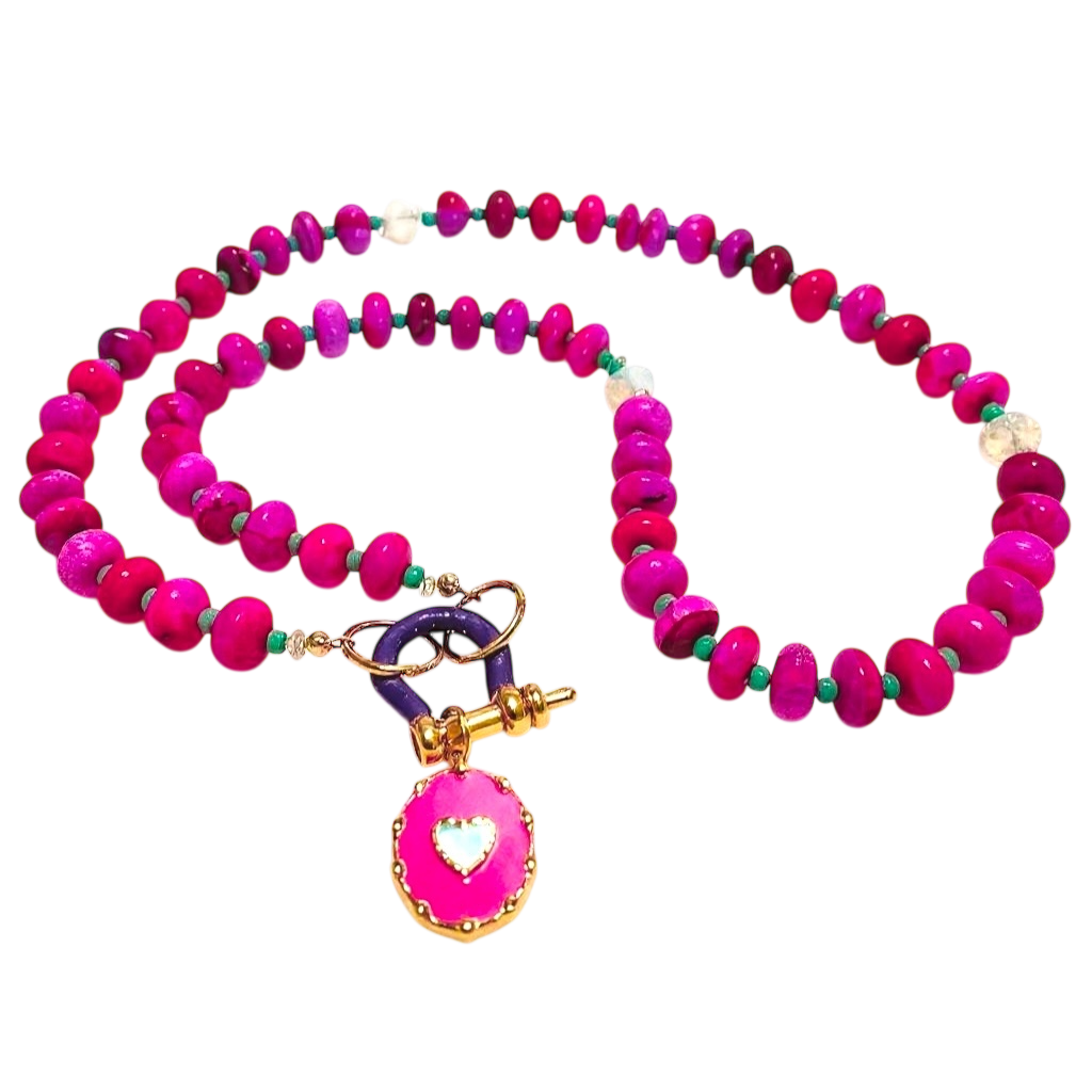 Gemstone Beaded Necklace in Neon Fuscia Tie Dye