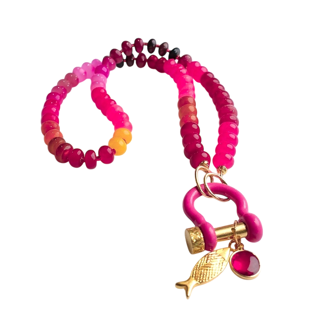 Gemstone Beaded Necklace in Deep Pink Ombre
