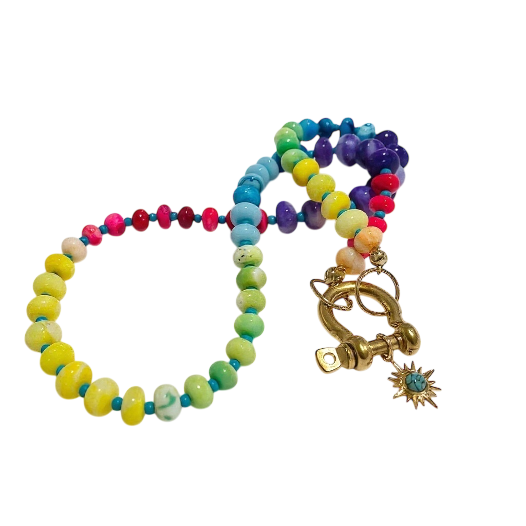 Gemstone Beaded Necklace in Neon Rainbow Tie-Dye