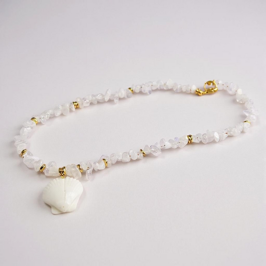 Rocky/Gemstone Beaded Necklace w/M.I. Shell Pendant in Clear