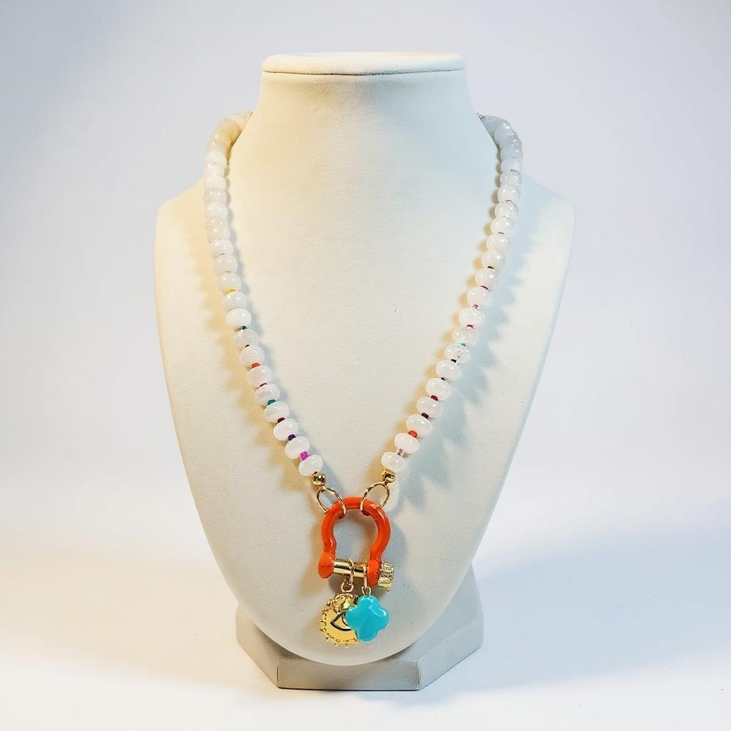Gemstone Beaded Necklace w/ Charms in Cloudy
