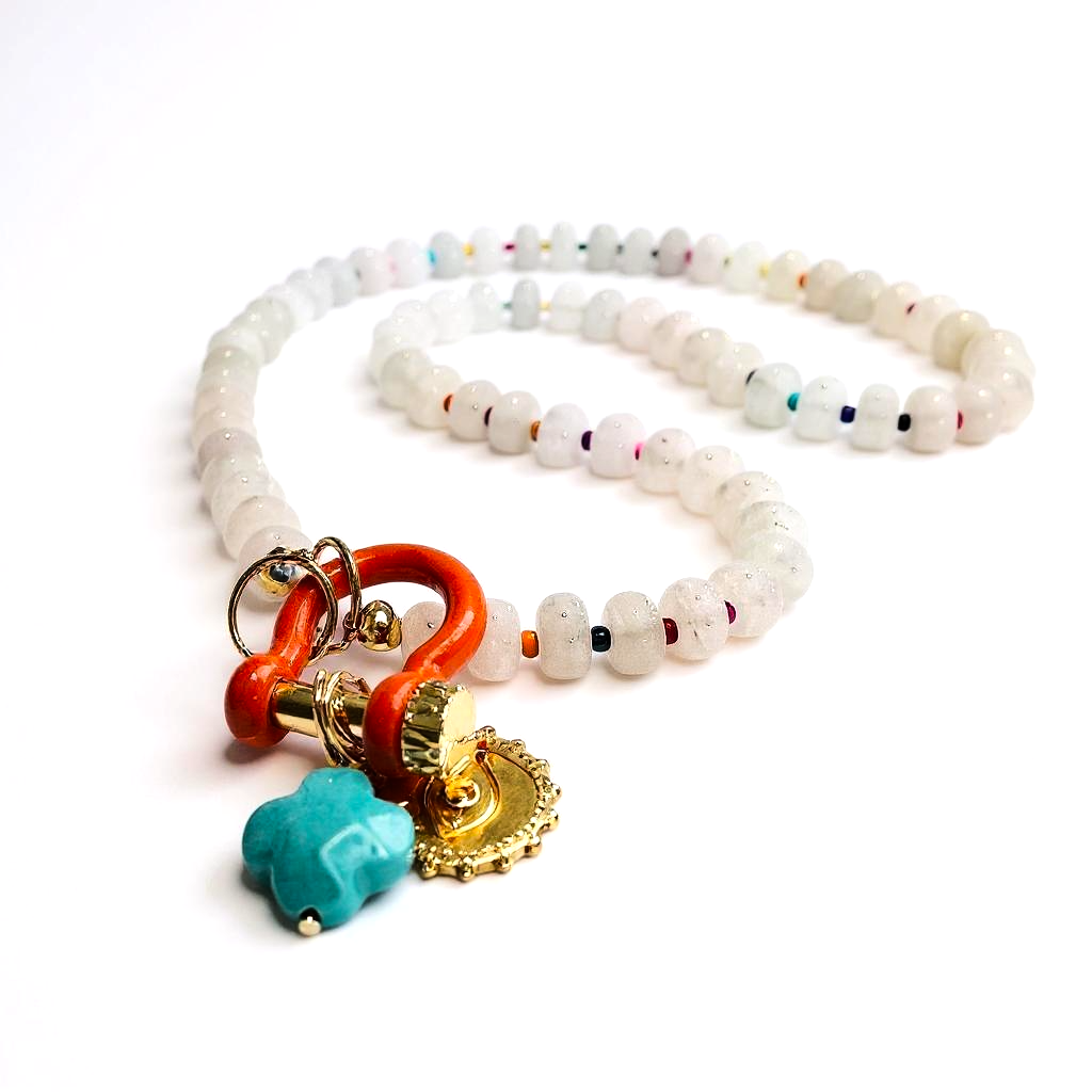 Gemstone Beaded Necklace w/ Charms in Cloudy