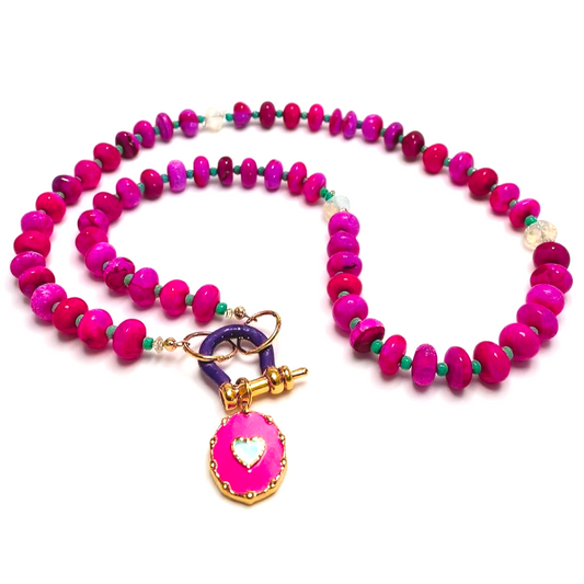 Gemstone Beaded Necklace in Neon Fuscia Tie Dye