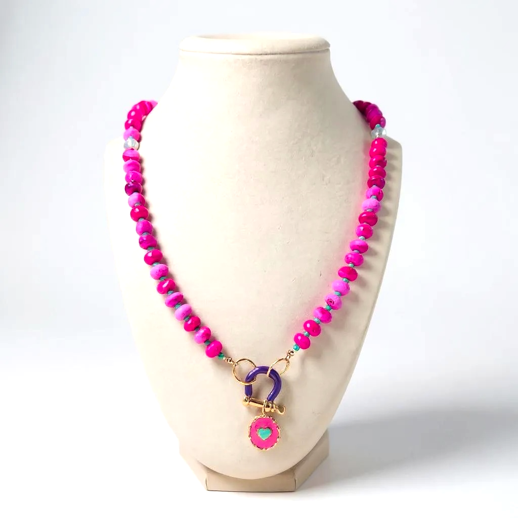 Gemstone Beaded Necklace in Neon Fuscia Tie Dye