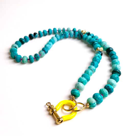 Gemstone Beaded Necklace in Neon Teal Tie-Dye