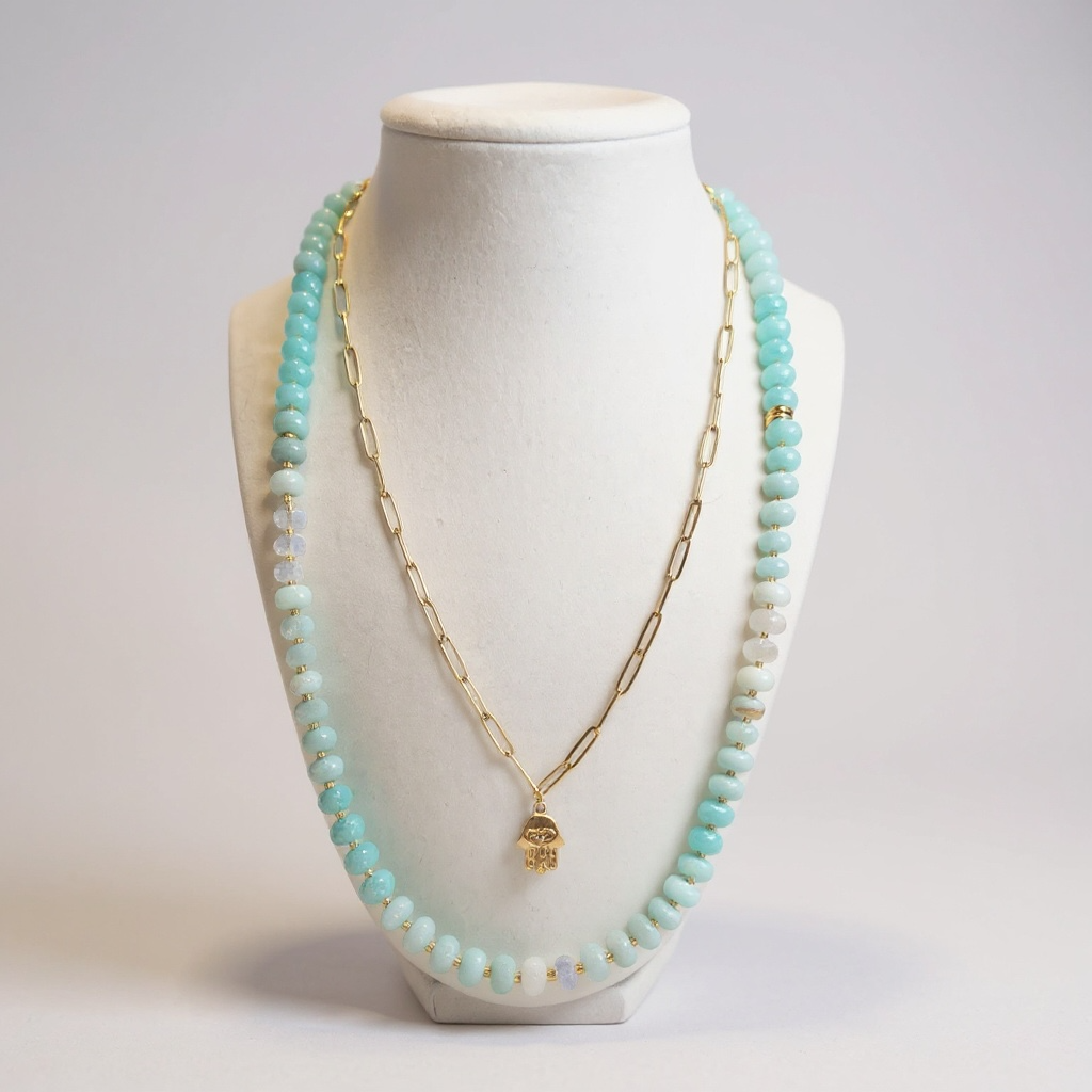 Gemstone Beaded Necklace & Paperclip Chain in Light Aqua
