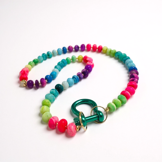 Gemstone Beaded Necklace in Cool Neon Rainbow Tie-Dye