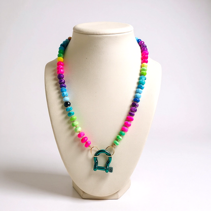 Gemstone Beaded Necklace in Cool Neon Rainbow Tie-Dye