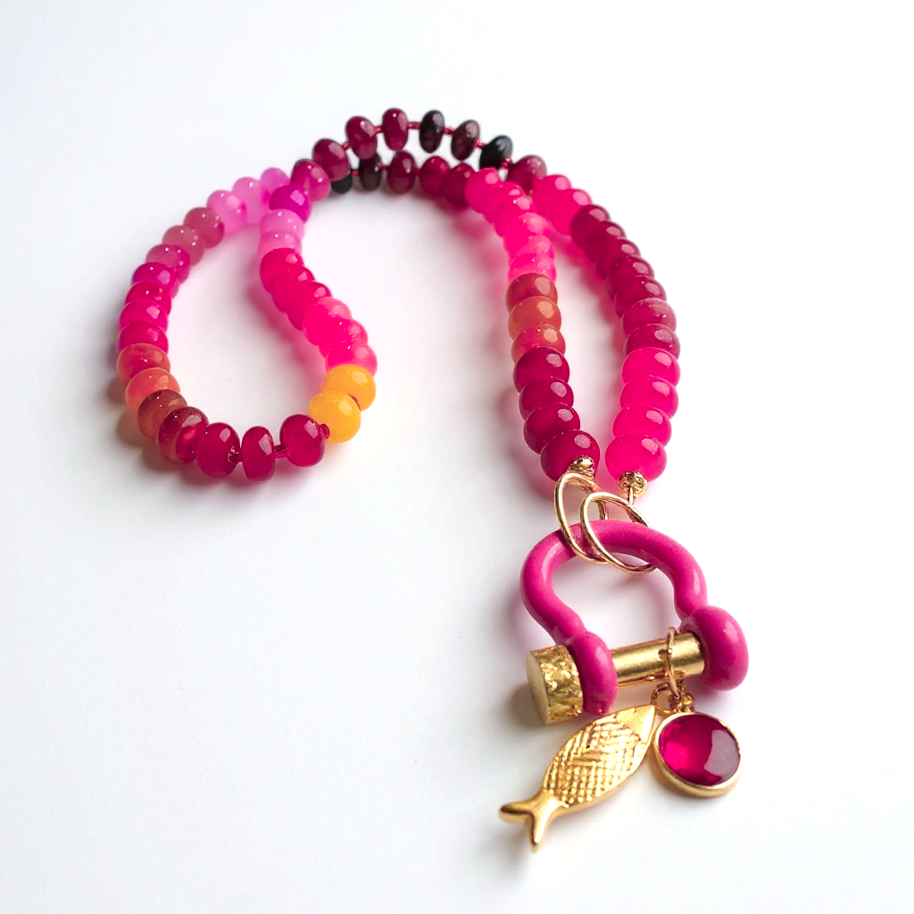 Gemstone Beaded Necklace in Deep Pink Ombre