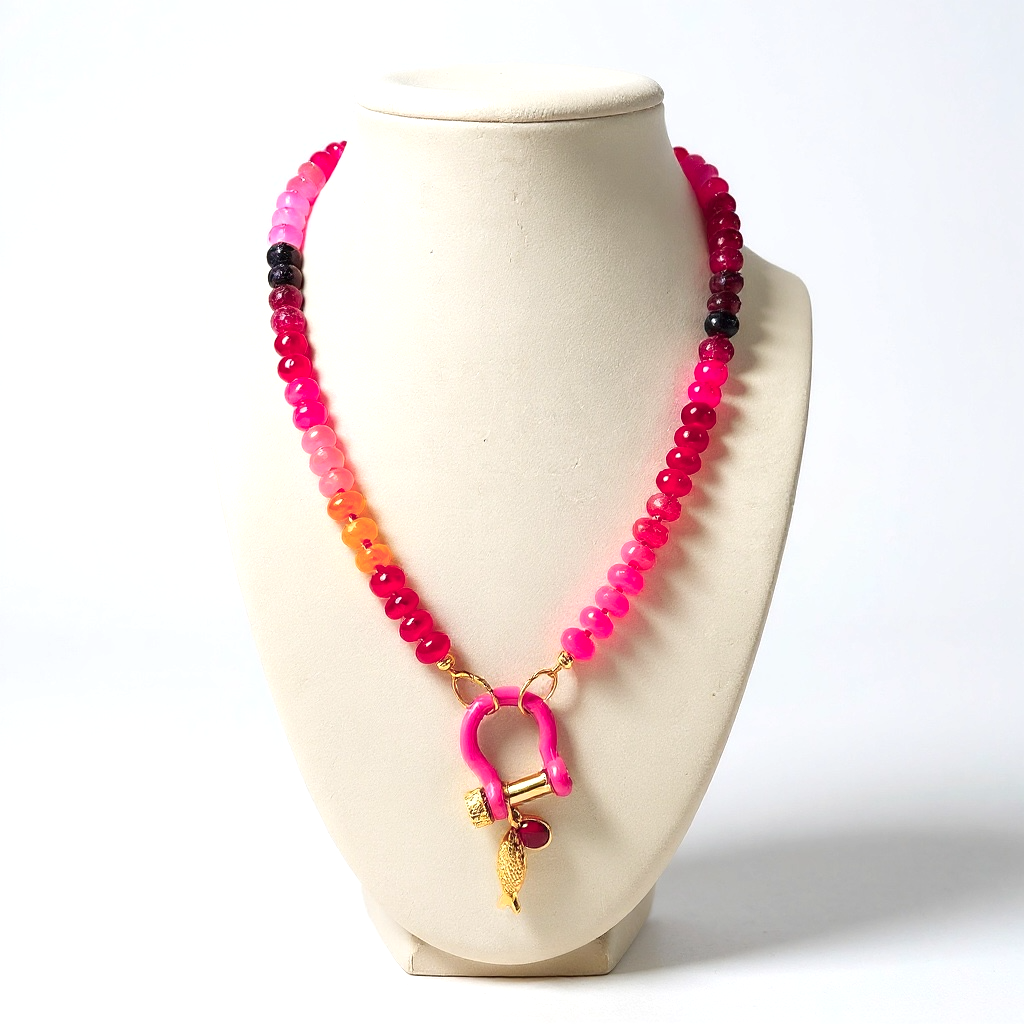 Gemstone Beaded Necklace in Deep Pink Ombre