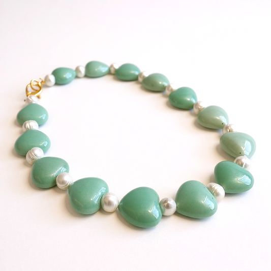 The Pearl & Huge Heart Gemstone Necklace in Jaded