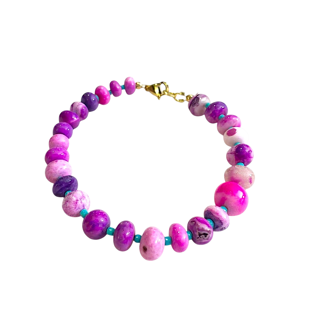 Gemstone Beaded Bracelet in Neon Magenta Tie- Dye