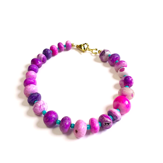 Gemstone Beaded Bracelet in Neon Magenta Tie- Dye
