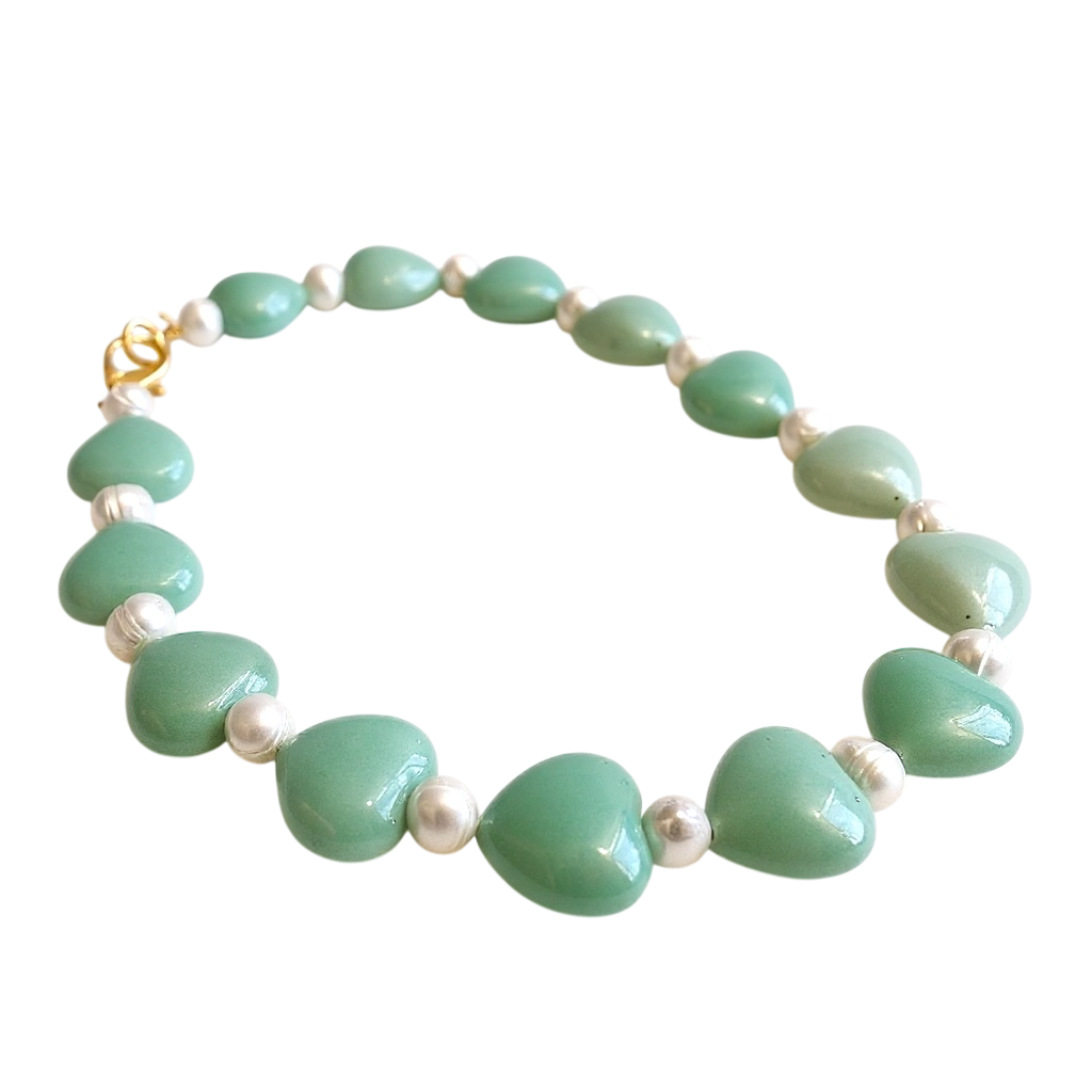The Pearl & Huge Heart Gemstone Necklace in Jaded