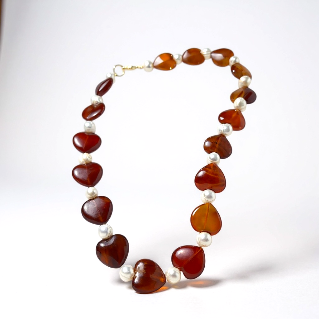 The Pearl and Huge Heart Gemstone Necklace in Burnt