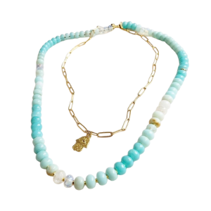 Gemstone Beaded Necklace & Paperclip Chain in Light Aqua